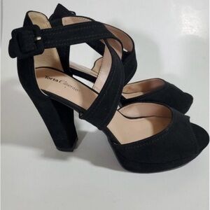 Torta Caliente Luna Faux Suede Black Platform Heels Size 8.5 Peep Toe